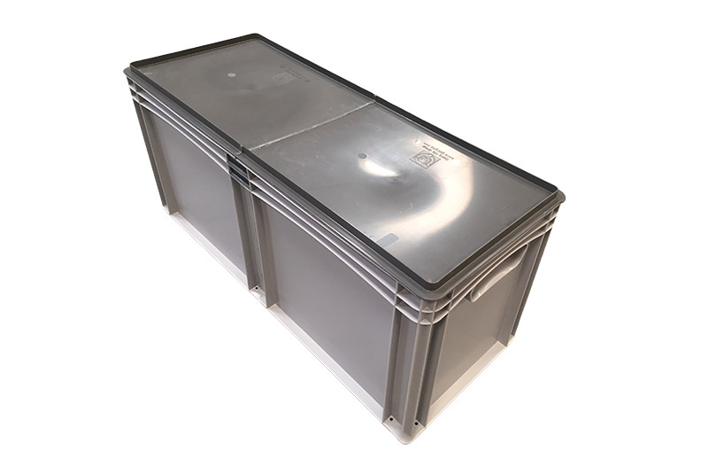 A modified plastic storage box for logistics and materials handling industries.
