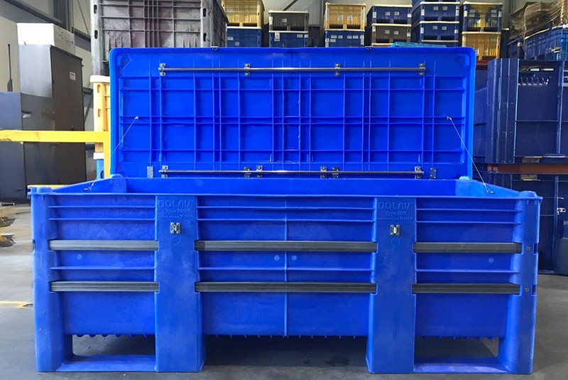 A oversized plastic storage box for industrial use.