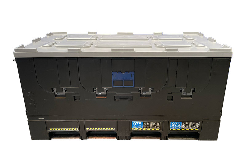 A high tech plastic storage box with advanced functionality for materials handling.